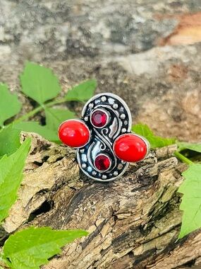 Coral Garnet 925 Sterling Silver Ring